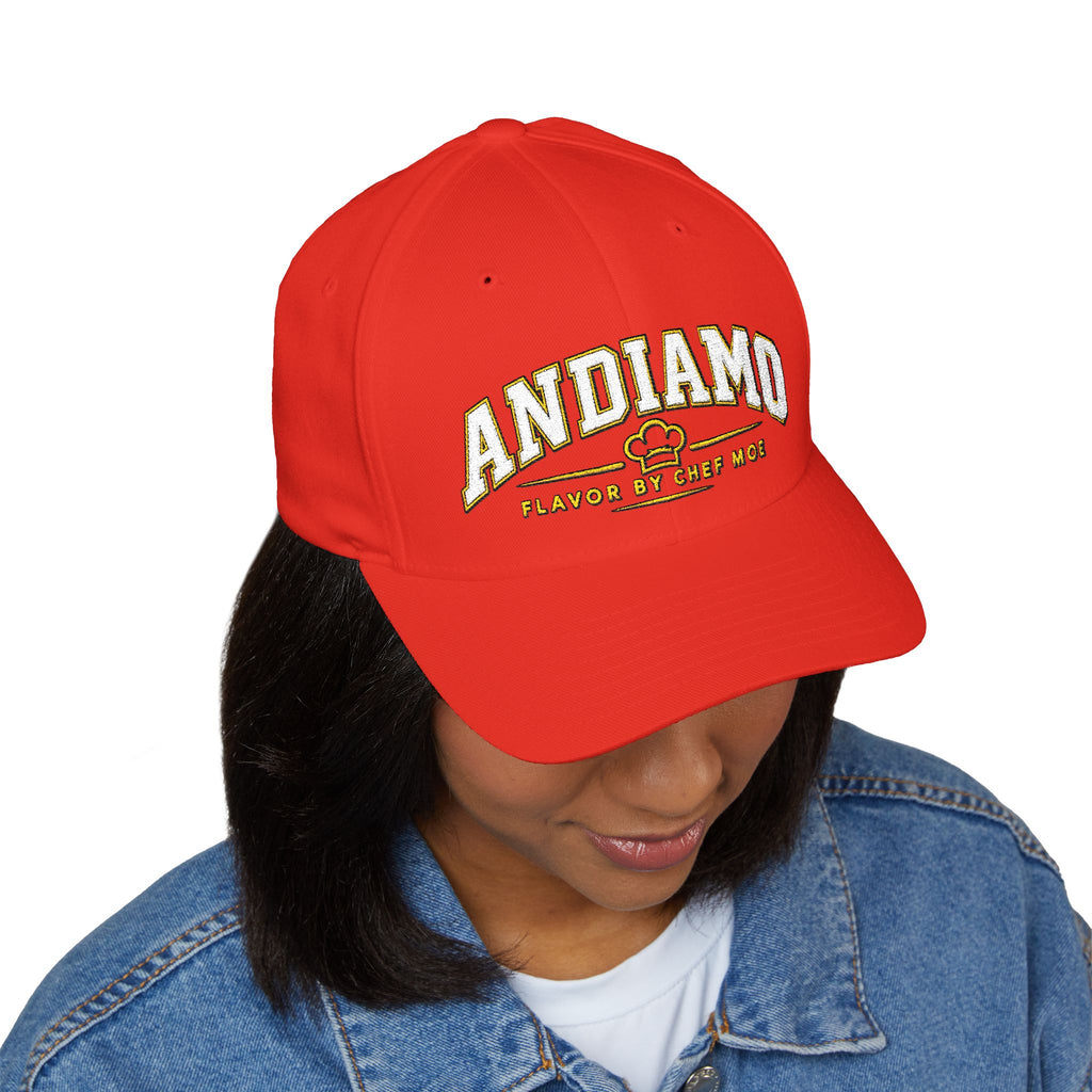 Embroidered 'ANDIAMO' Chef Logo Cap — Closed-Back Structured Hat