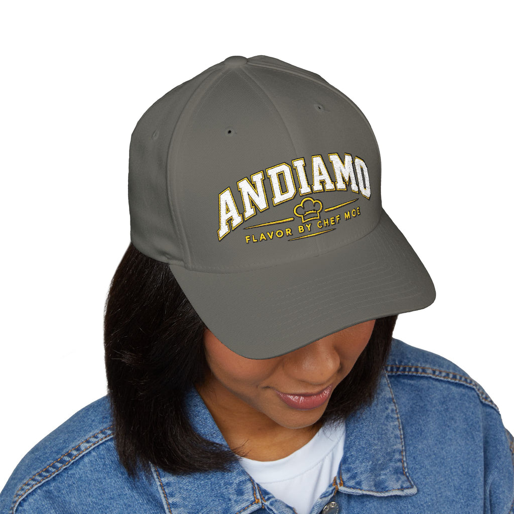 Embroidered 'ANDIAMO' Chef Logo Cap — Closed-Back Structured Hat