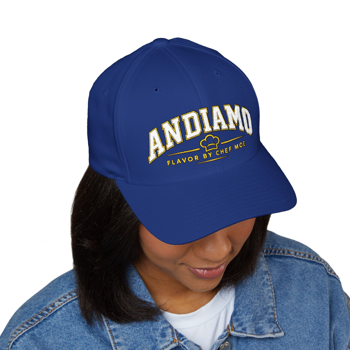 Embroidered 'ANDIAMO' Chef Logo Cap — Closed-Back Structured Hat