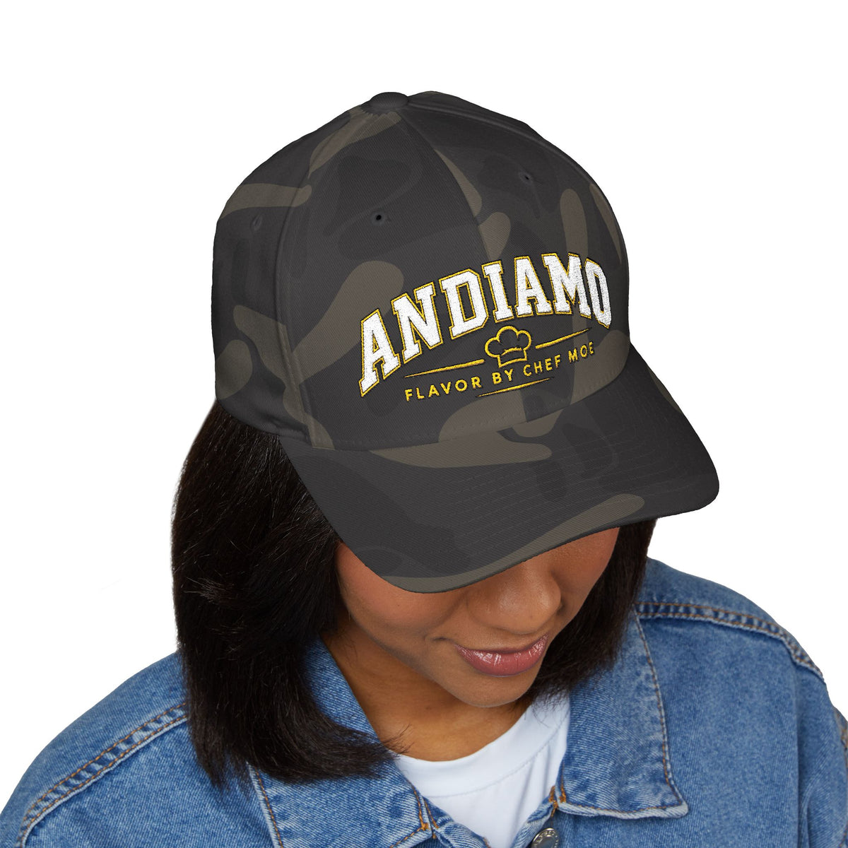 Embroidered 'ANDIAMO' Chef Logo Cap — Closed-Back Structured Hat