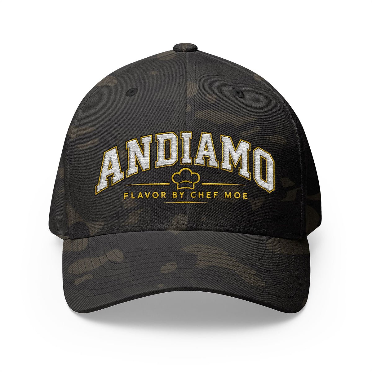 Embroidered 'ANDIAMO' Chef Logo Cap — Closed-Back Structured Hat