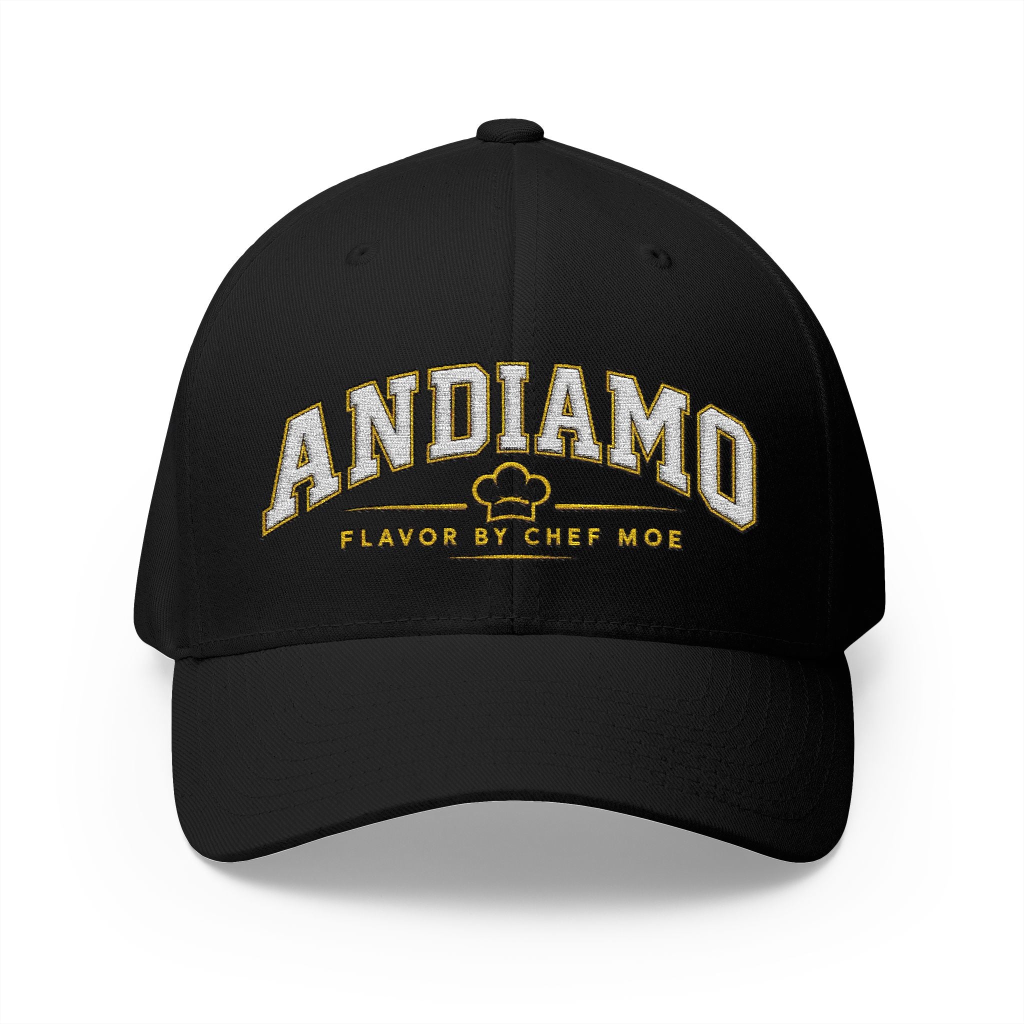Embroidered 'ANDIAMO' Chef Logo Cap — Closed-Back Structured Hat