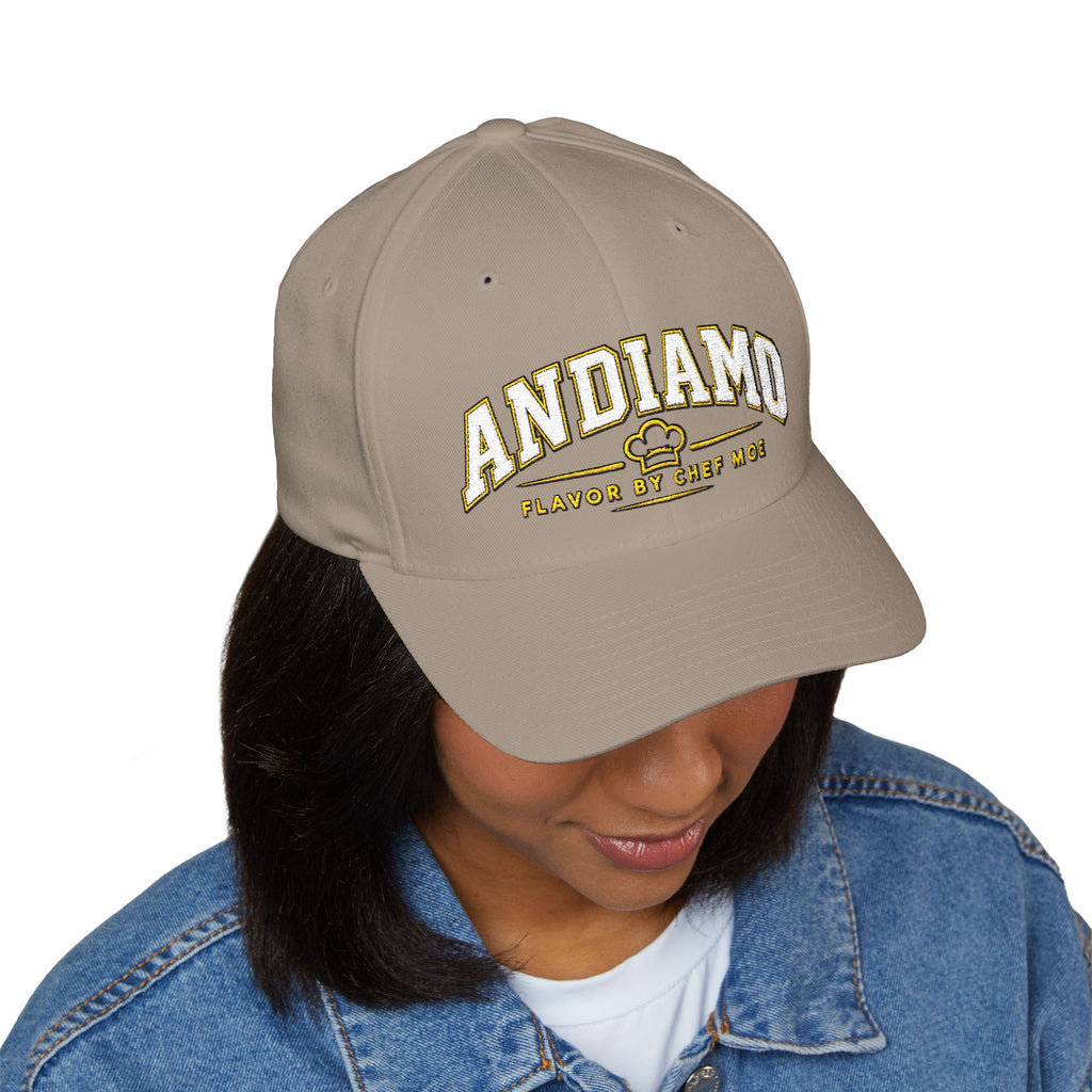 Embroidered 'ANDIAMO' Chef Logo Cap — Closed-Back Structured Hat