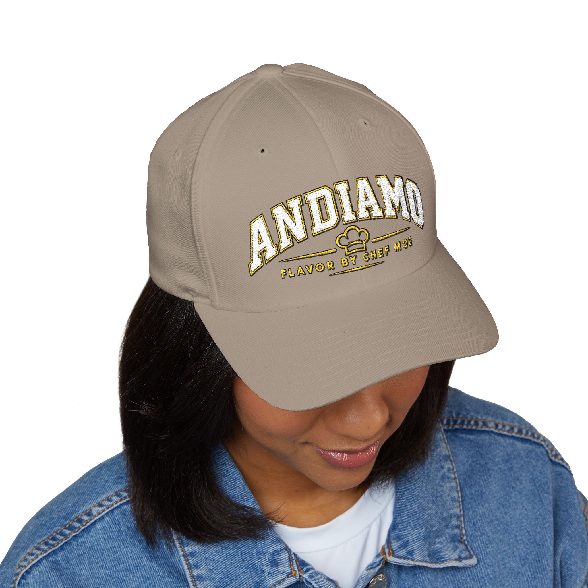 Embroidered 'ANDIAMO' Chef Logo Cap — Closed-Back Structured Hat