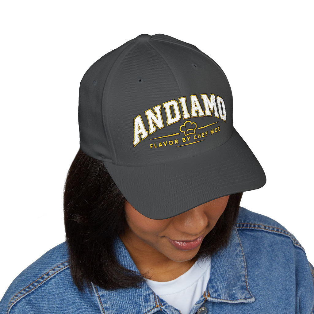 Embroidered 'ANDIAMO' Chef Logo Cap — Closed-Back Structured Hat