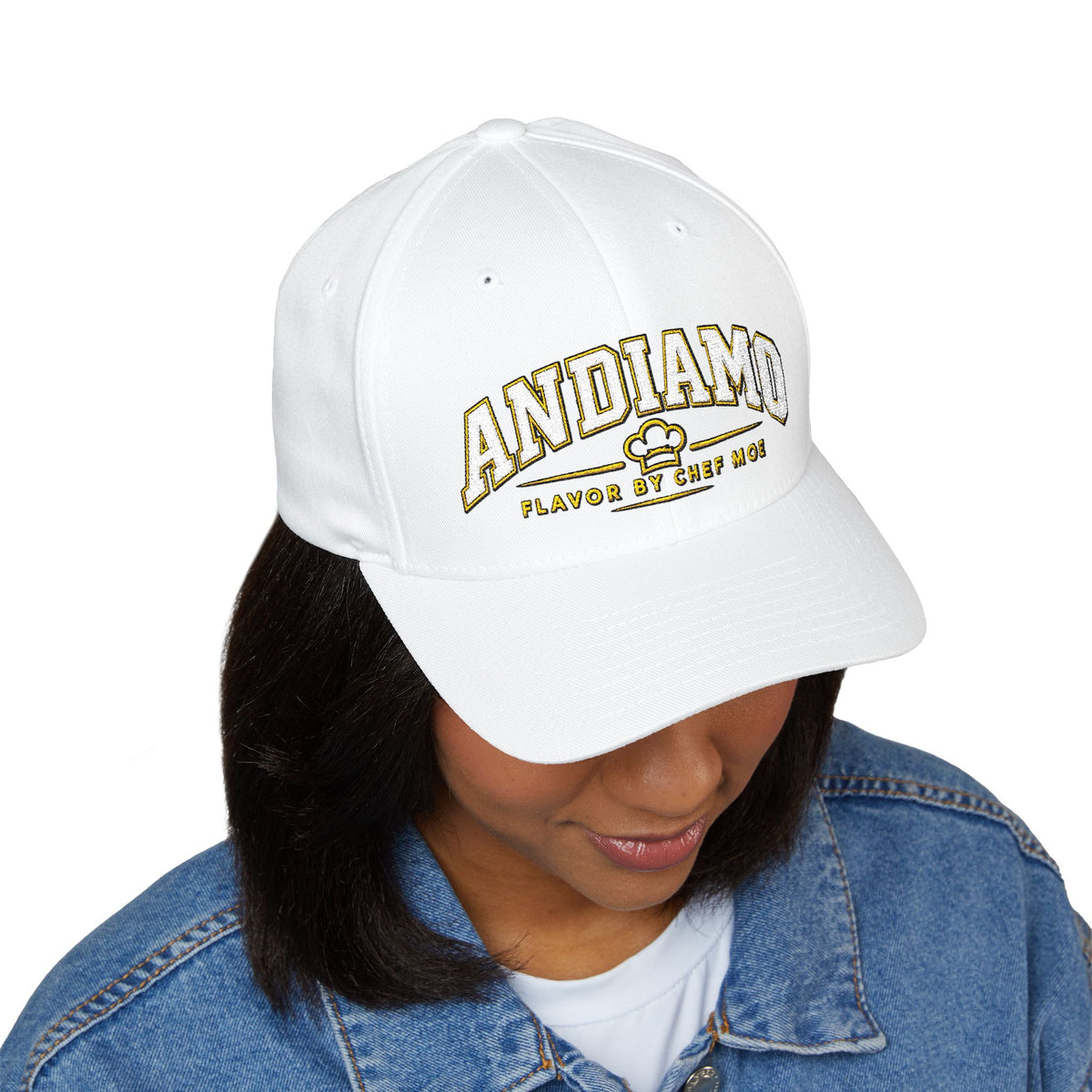 Embroidered 'ANDIAMO' Chef Logo Cap — Closed-Back Structured Hat