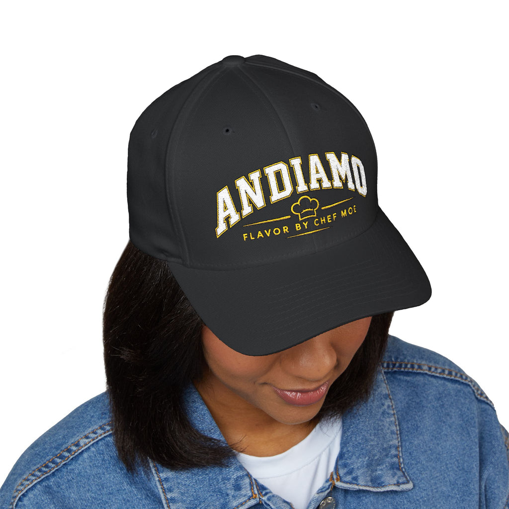 Embroidered 'ANDIAMO' Chef Logo Cap — Closed-Back Structured Hat